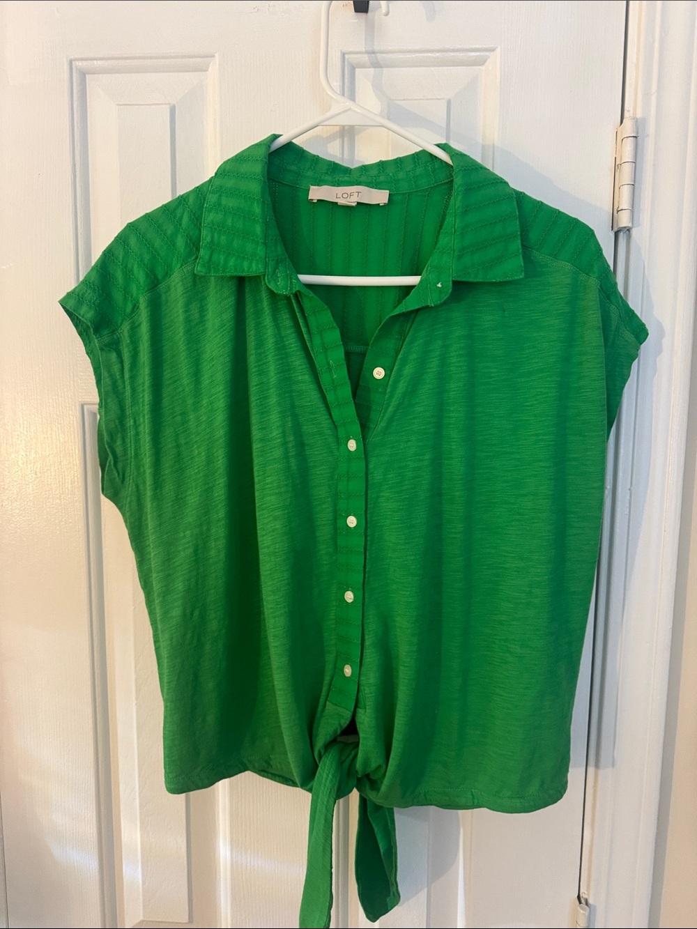 LOFT Bright Green Short-Sleeve Button-Front Tie-Hem Top